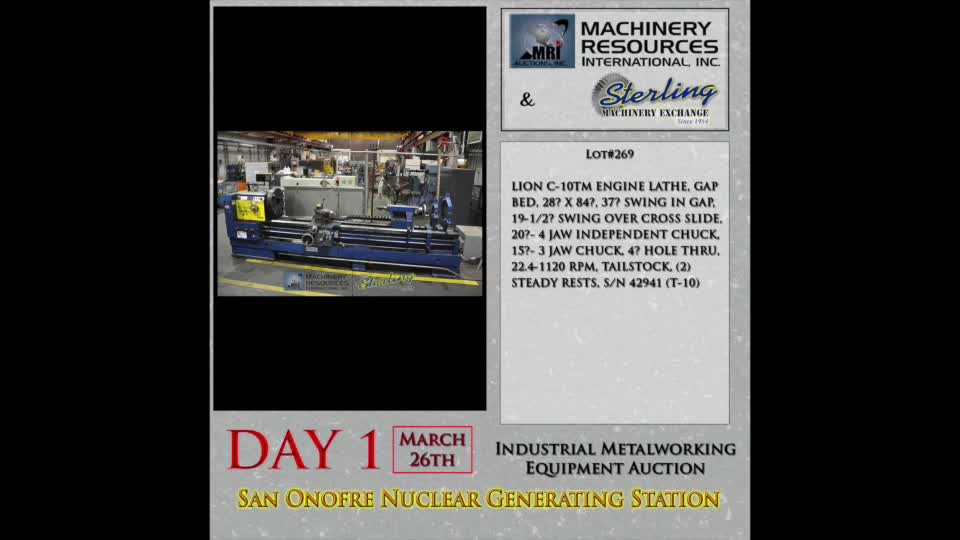 Auction Lot 269: San Onofre Nuclear Auction 28" x 84" Lion C-10TM Engine Lathe, Gap Bed