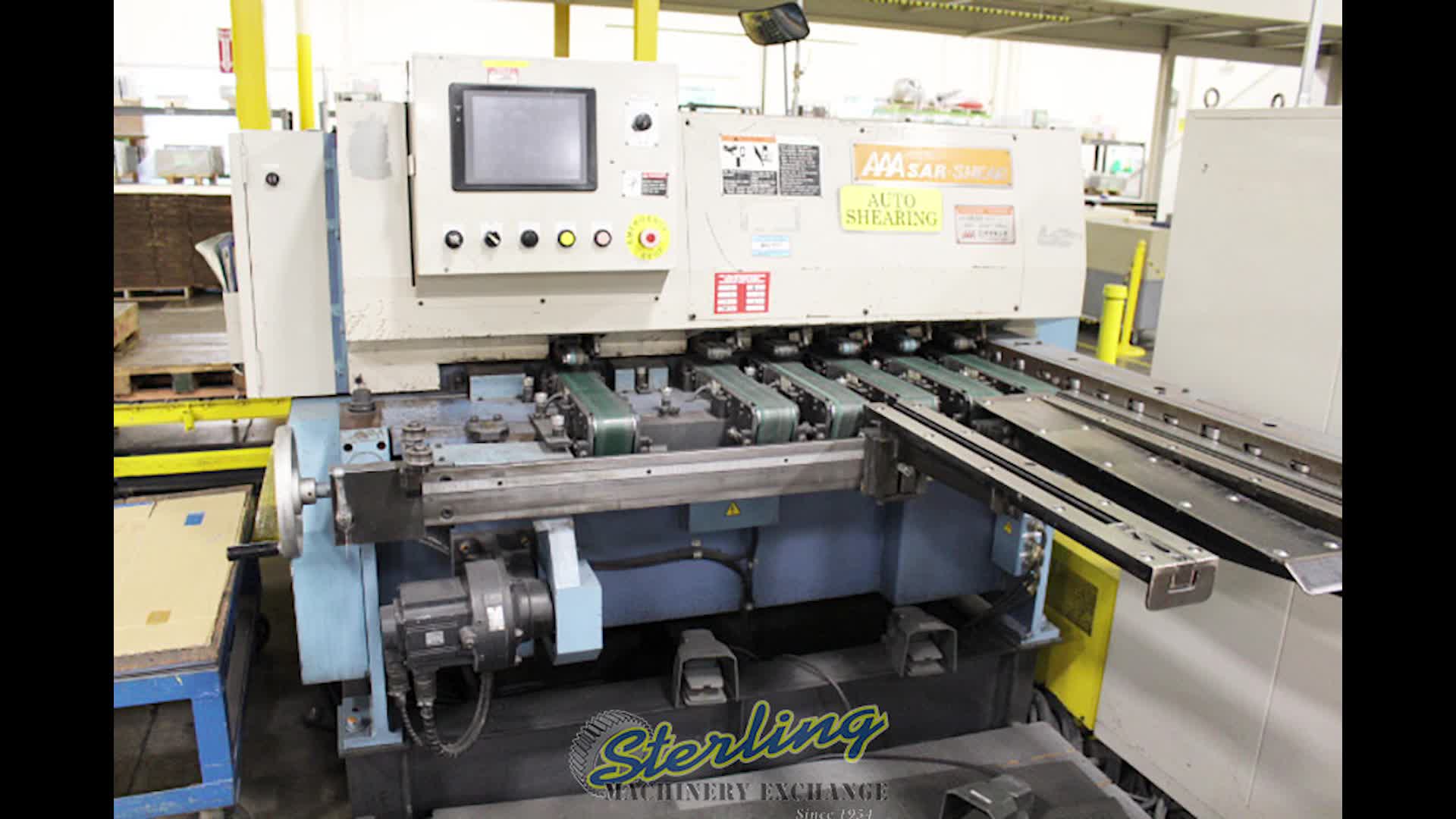Aizawa-1/8" X 49" USED AIZAWA AUTOMATIC SHEAR CUTTING LINE (GREAT FOR SMALL PIECES), MDL. SAR-312C, LIFT TABLE LOADER (FRONT), POWER THRU FEED, PILING LIFTER, OMRON SYSMAC C200HG PLC TOUCHSCREEN CONTROL, #A4791-01
