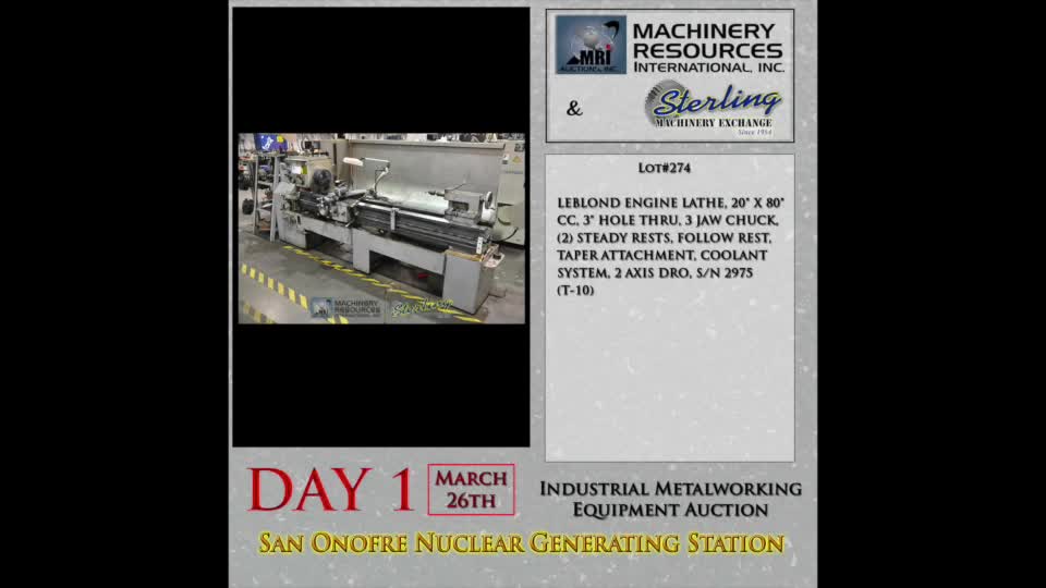 LEBLOND-Auction Lot 274: San Onofre Nuclear Auction 20\" x 80\" Leblond Engine Lathe, 3\" Thru Hole, 3 Jaw Chuck, Taper attachment-01