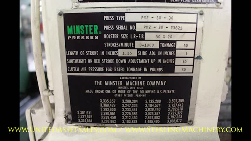 Minster-MINSTER MODEL PM2-30-30 HIGH SPEED PUNCH PRESS, 30 TON CAPACITY, 30" X 20" BOLSTER, 0-1,000 SPM, 1-1/4" LENGTH OF STROKE, 1" SLIDE ADJUSTMENT, 10" SHUTHEIGHT ADJUSTMENT, DIPRO 1500 WINTRISS DIE PROTECTION, S/N PM2-30-23621, PRESS #307-01